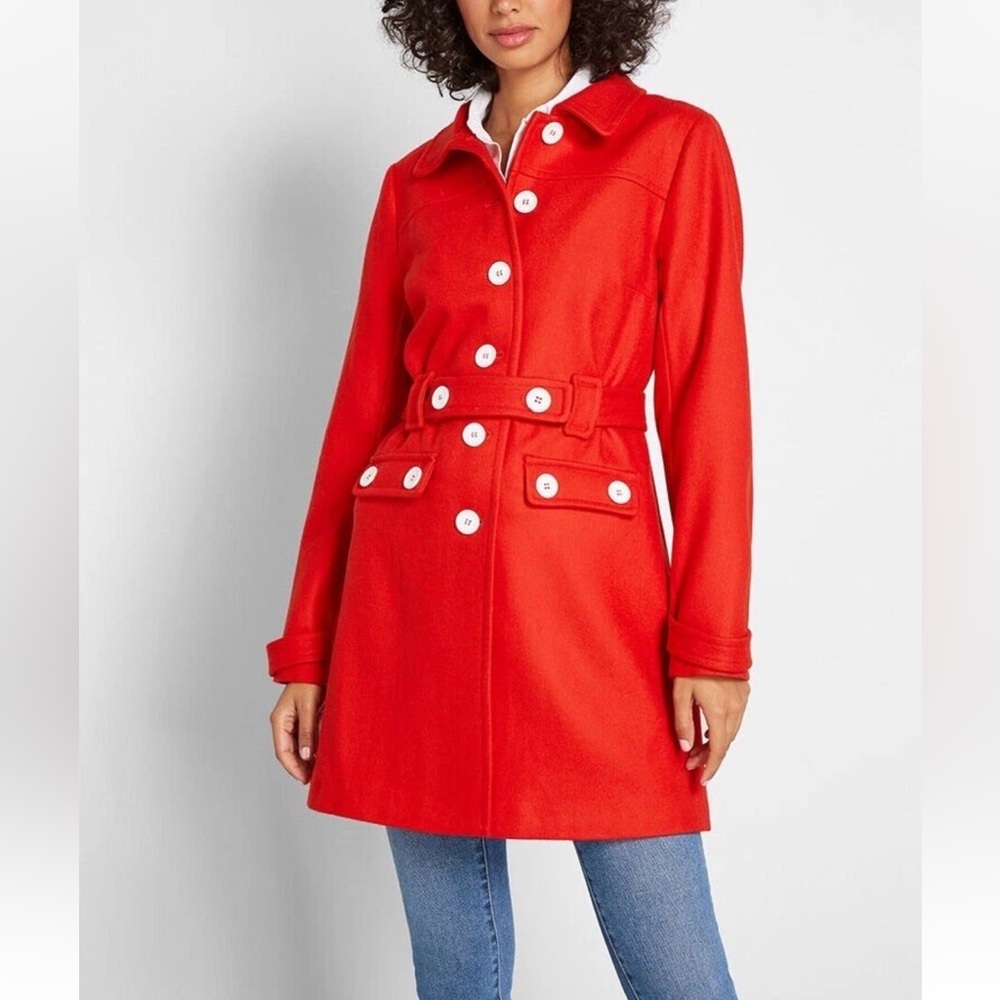 Modcloth Wool Blend Red Trench Coat with White Buttons